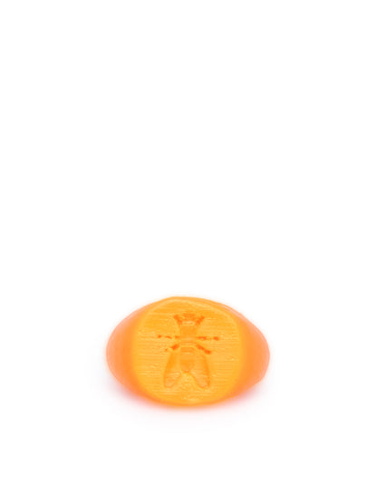 orange plastic ring with fly